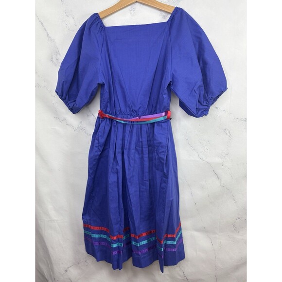 Vintage 70s Prairie Dress Kids Girls Sz 10 cottagecore Folk Blue Novelty Ribbon - Picture 3 of 16